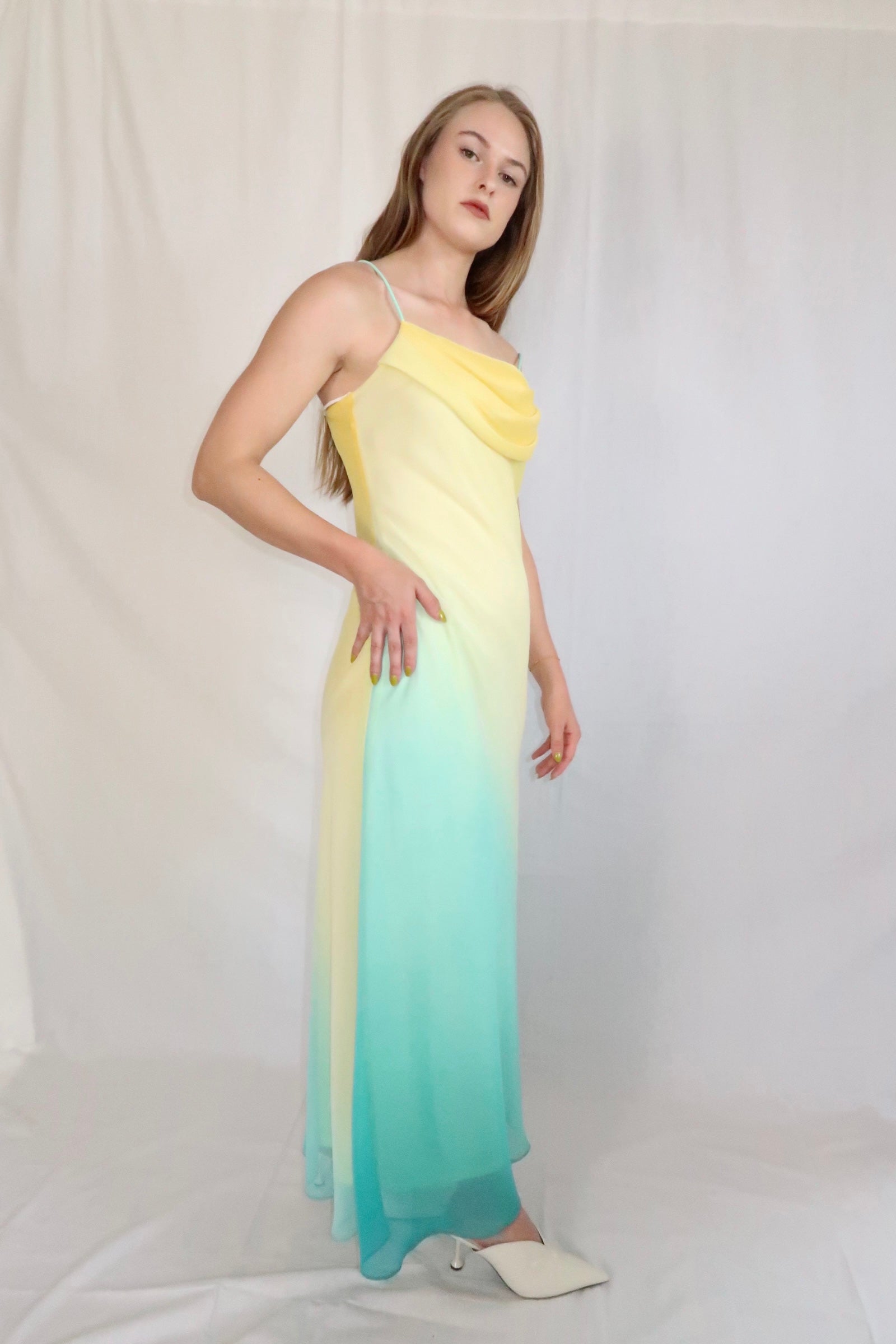 yellow ombre dress Multi Sunset One Shoulder Open Back Twist Detail Midi tie moments Yellow Ombre Satin Halter Cutout